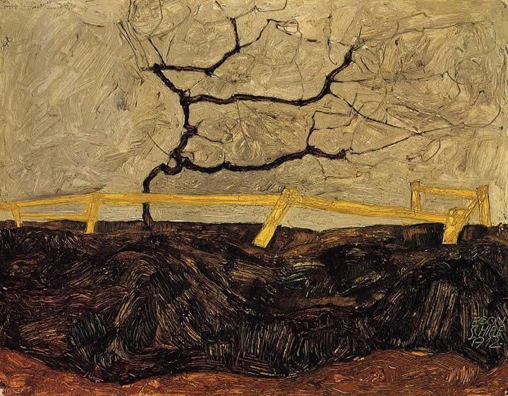 Egon Schiele Bare Tree behind a Fence